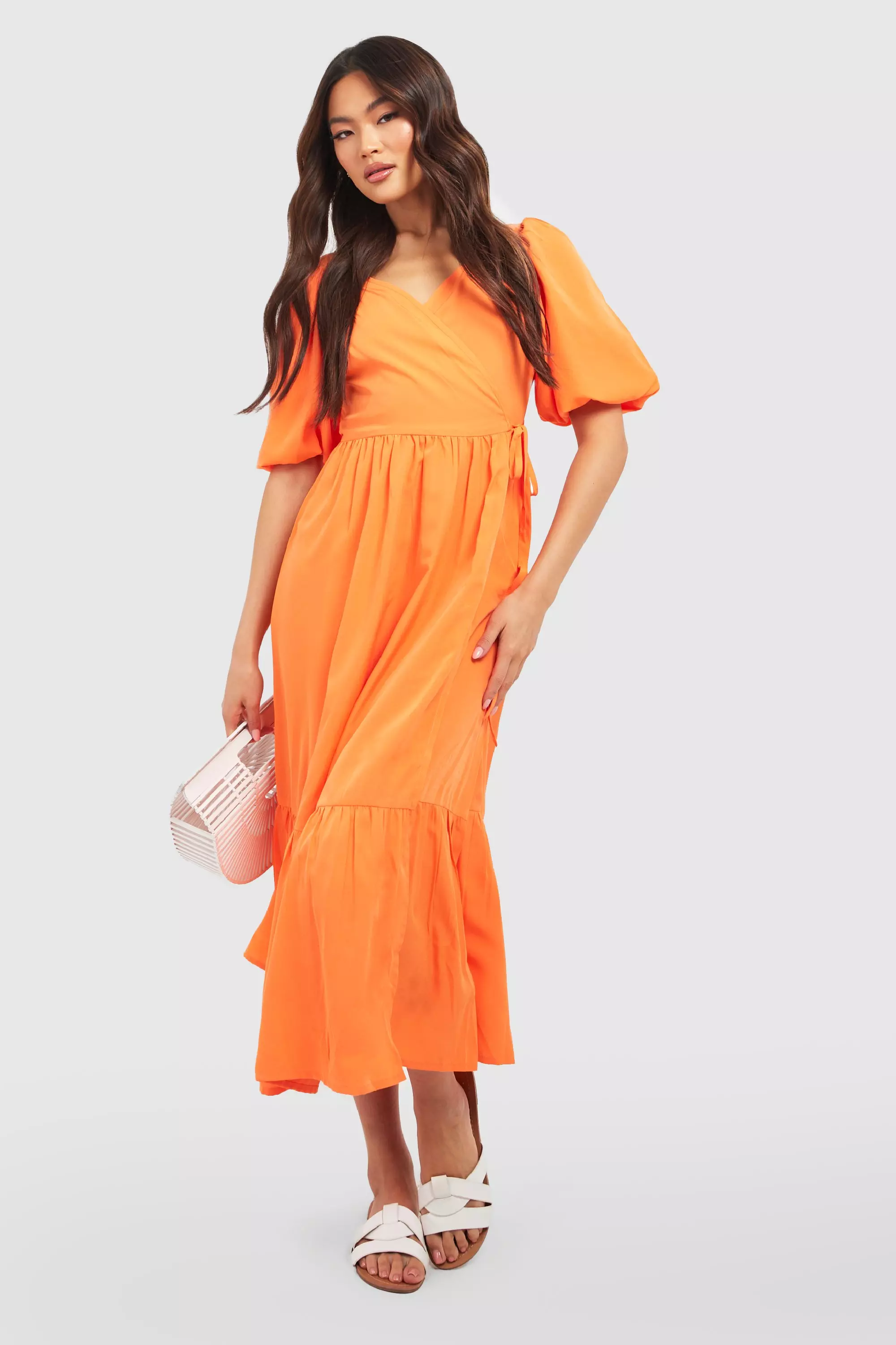 Orange Wrap Puff Sleeve Midaxi Dress alternative image