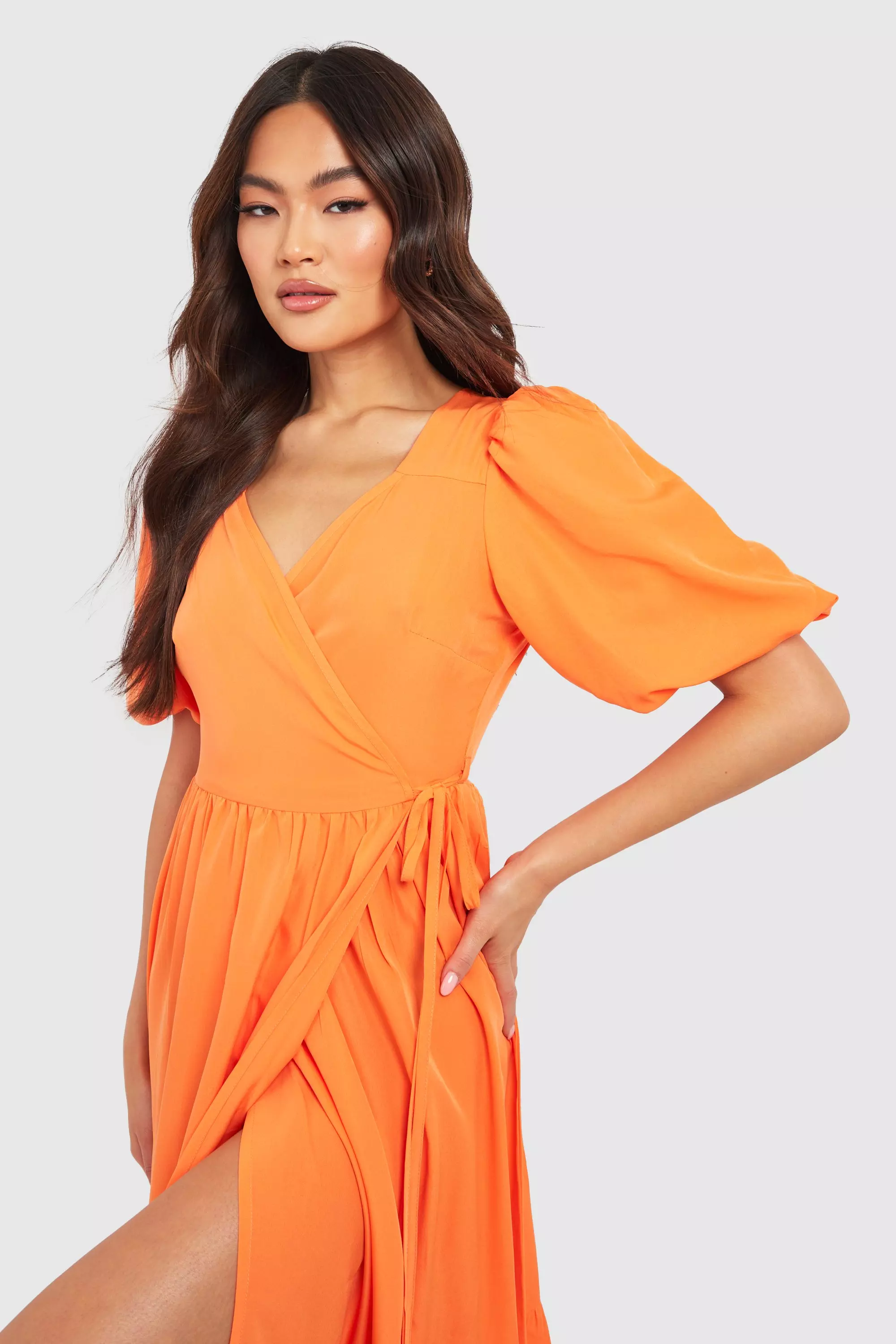 Orange Wrap Puff Sleeve Midaxi Dress alternative image