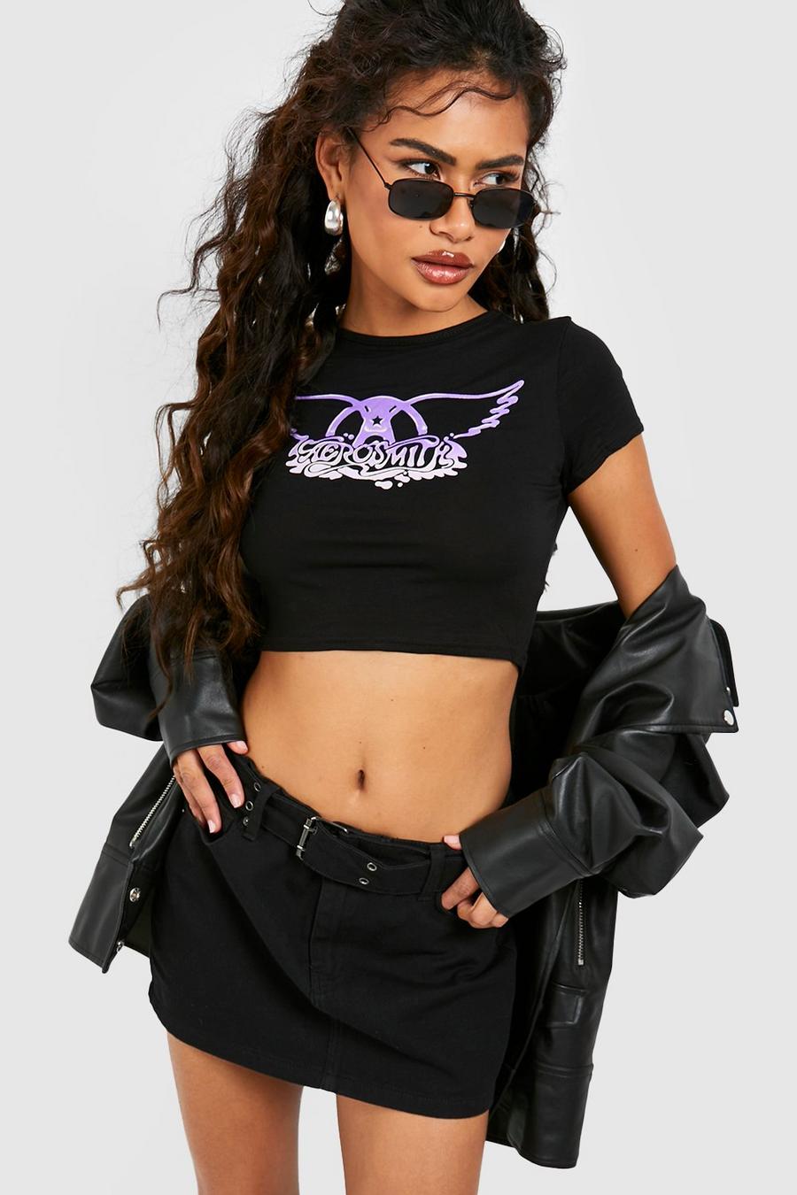 Black Aerosmith License Cropped Band T-shirt image number 1