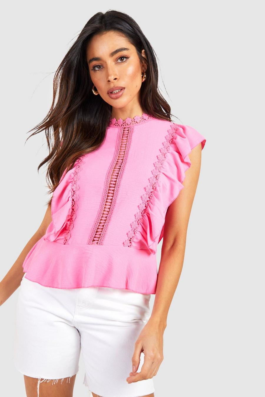 Pink Linen Look Crochet Detail Top