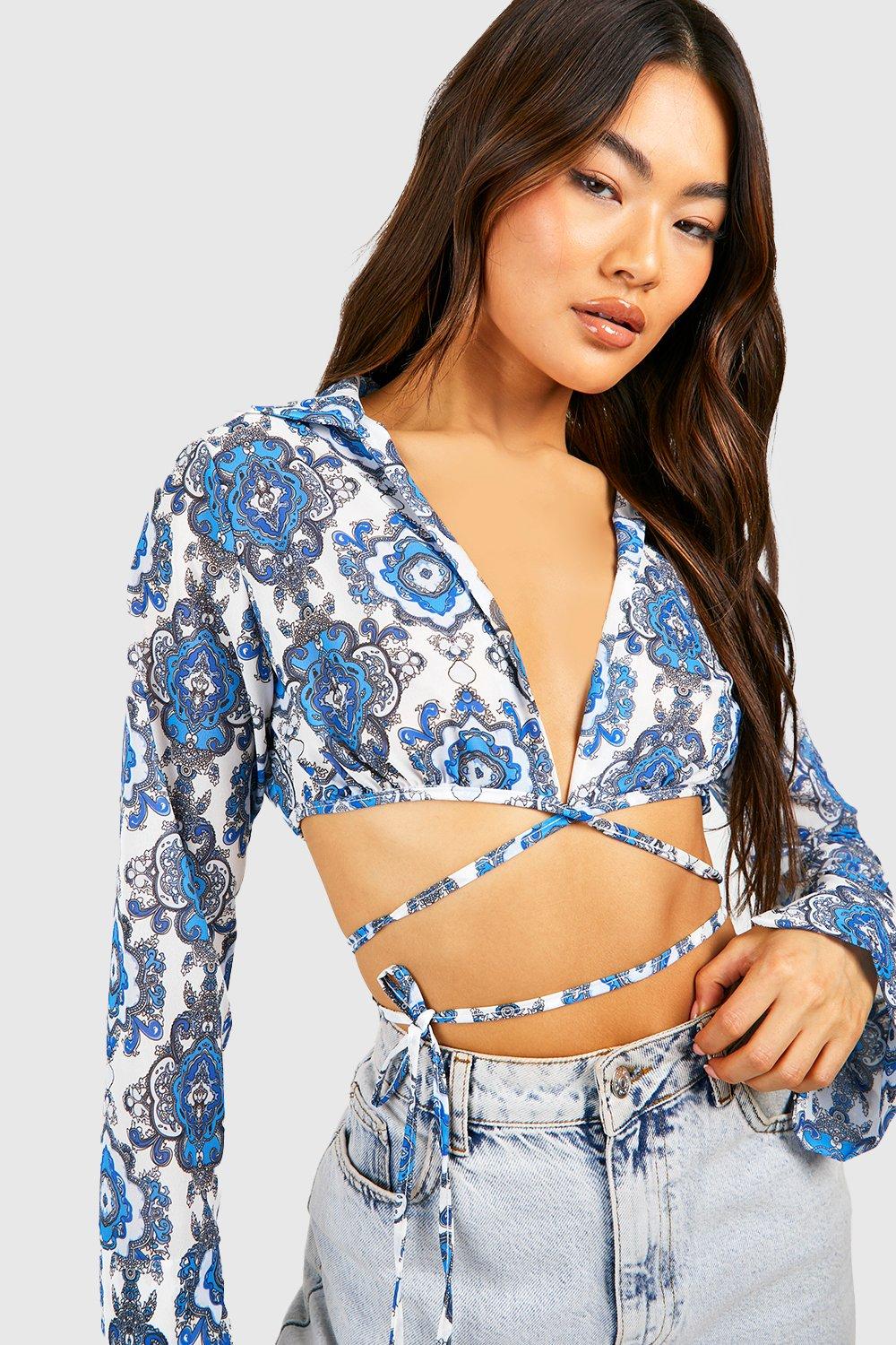 Buy Missguided LONG SLEEVE TIE FRONT CROP TOP - Blue