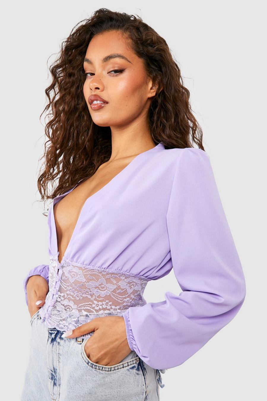 Lilac purple Lace Waist Cropped Blouse