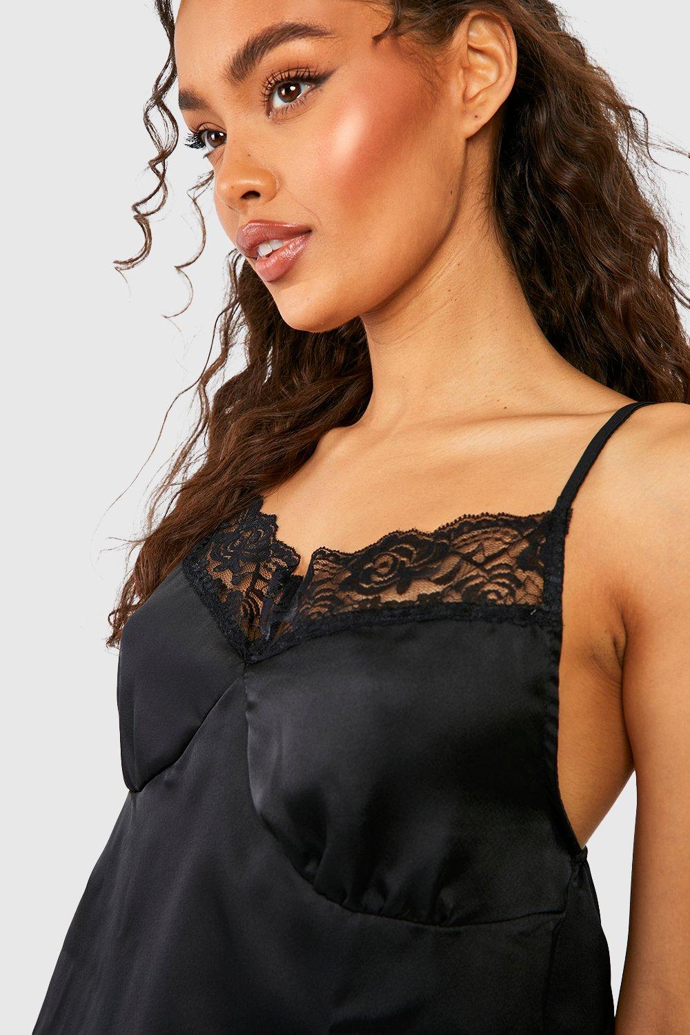 SATIN LACE CAMISOLE TOP - Black