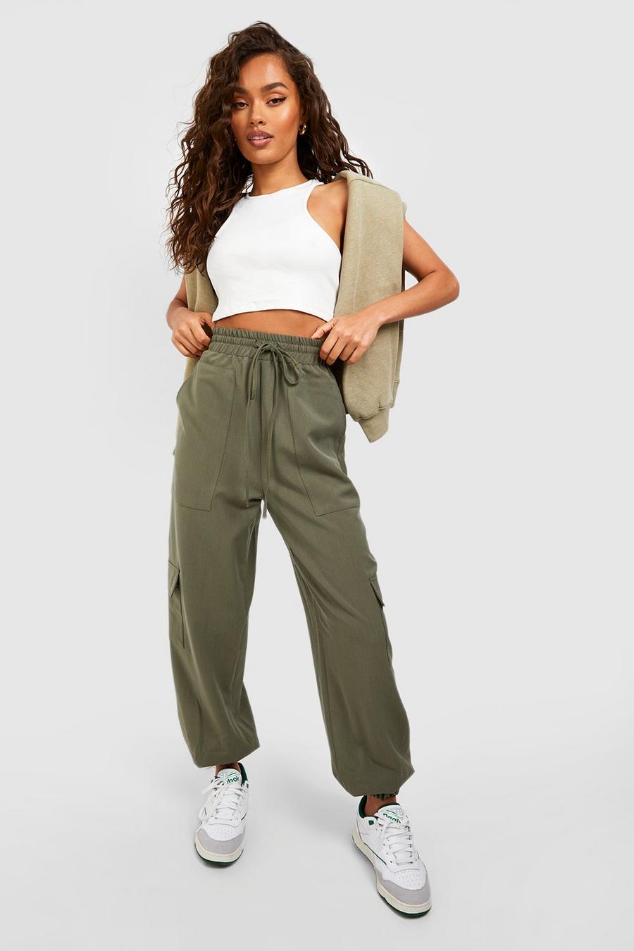 Green High Waisted Woven Cargo Track Pants image number 1