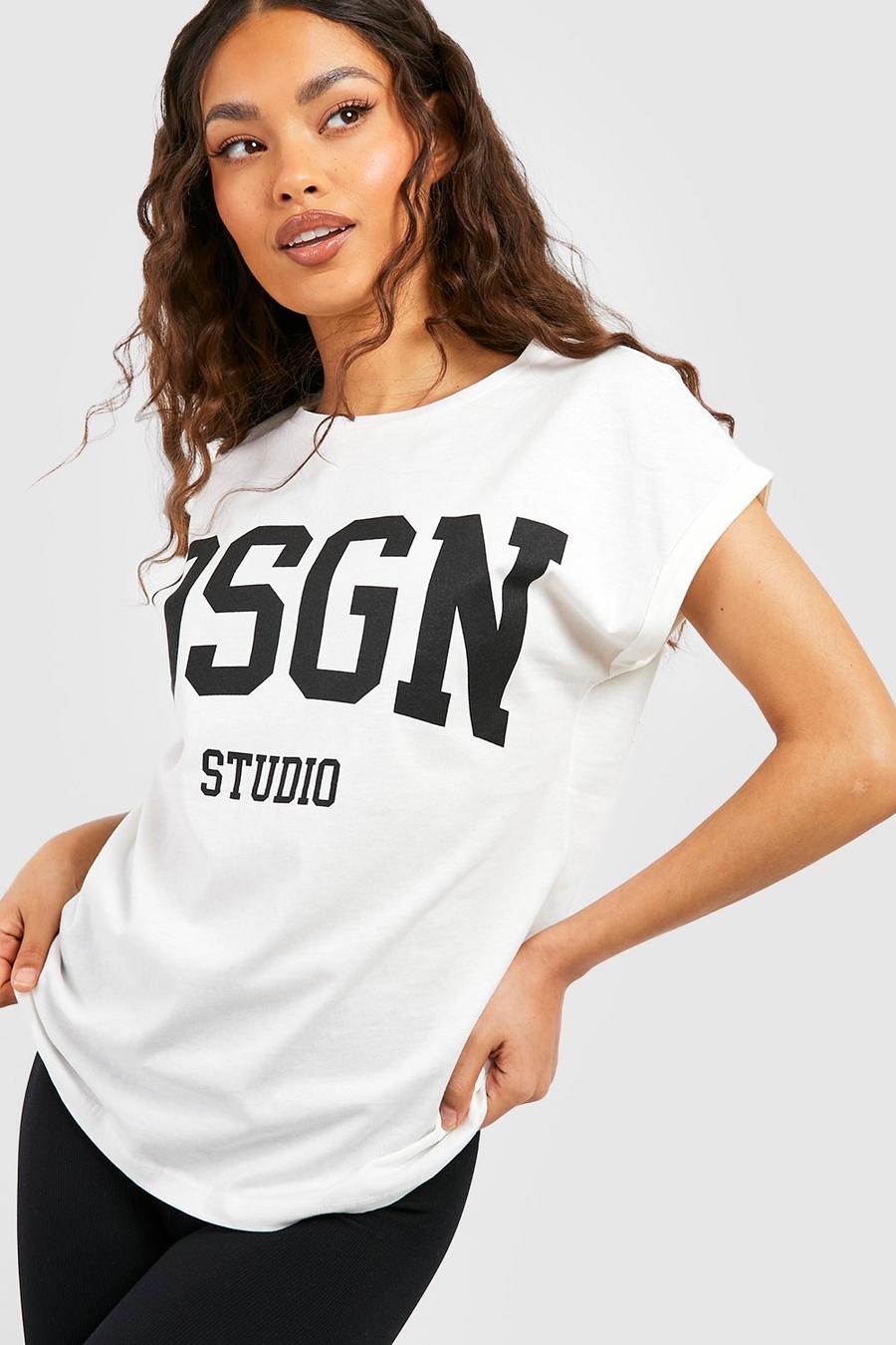 T-shirt à manches retroussées et slogan Dsgn Studio, White