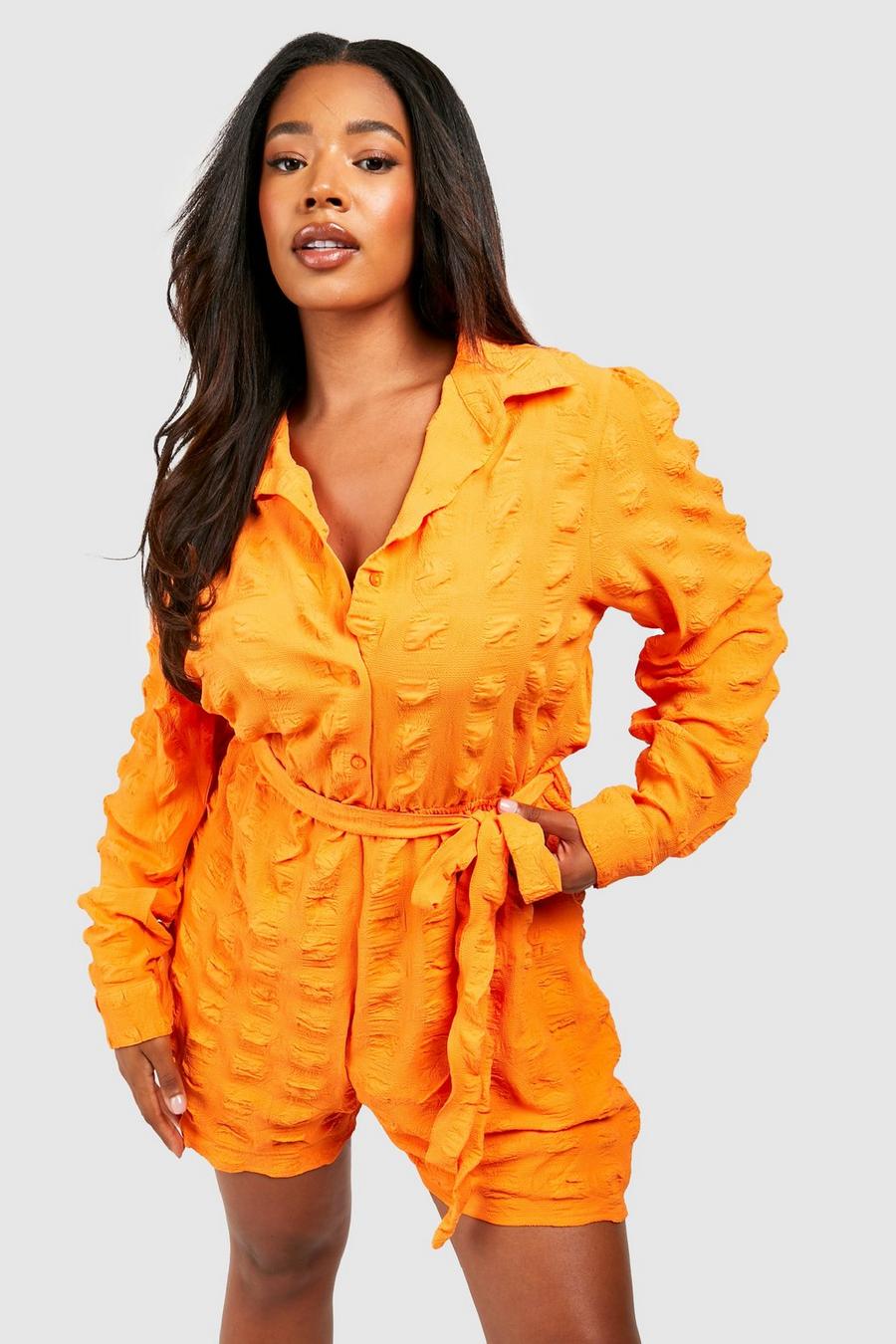 Orange Plus Textured Belted Shirt Playsuit  image number 1