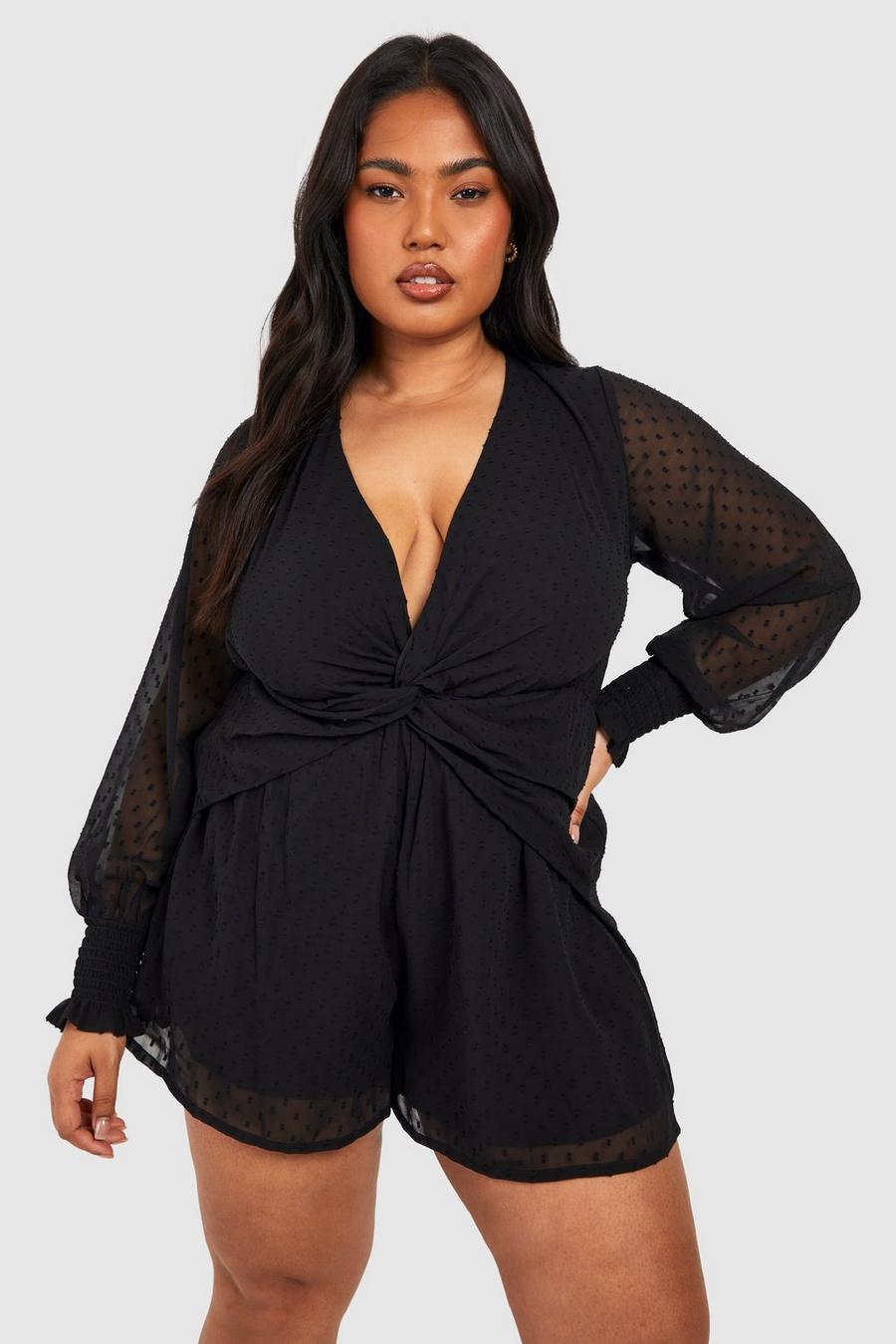 Black Plus Dobby Mesh Knot Front Playsuit image number 1