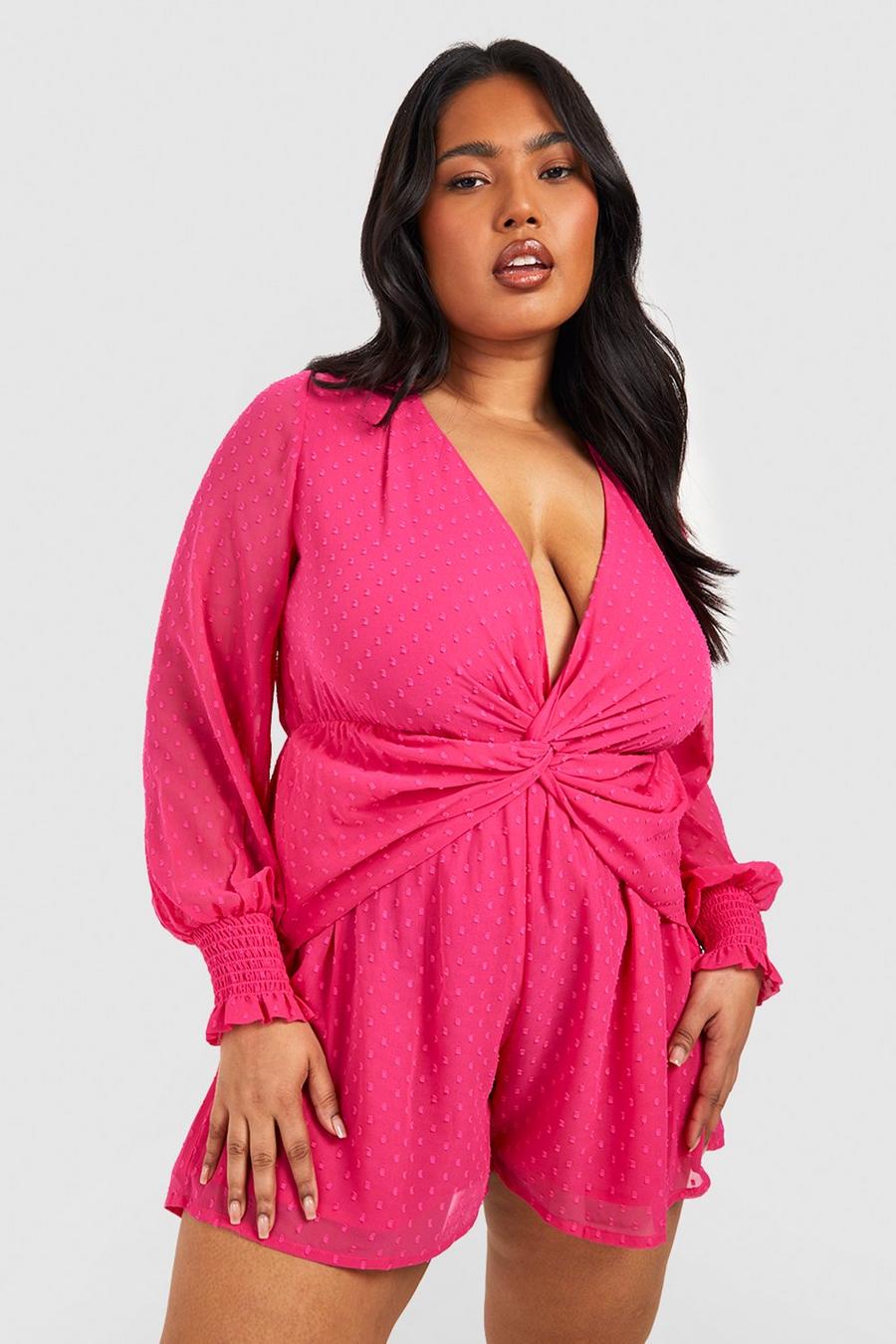 Fuchsia Plus Dobby Mesh Knot Front Playsuit  image number 1