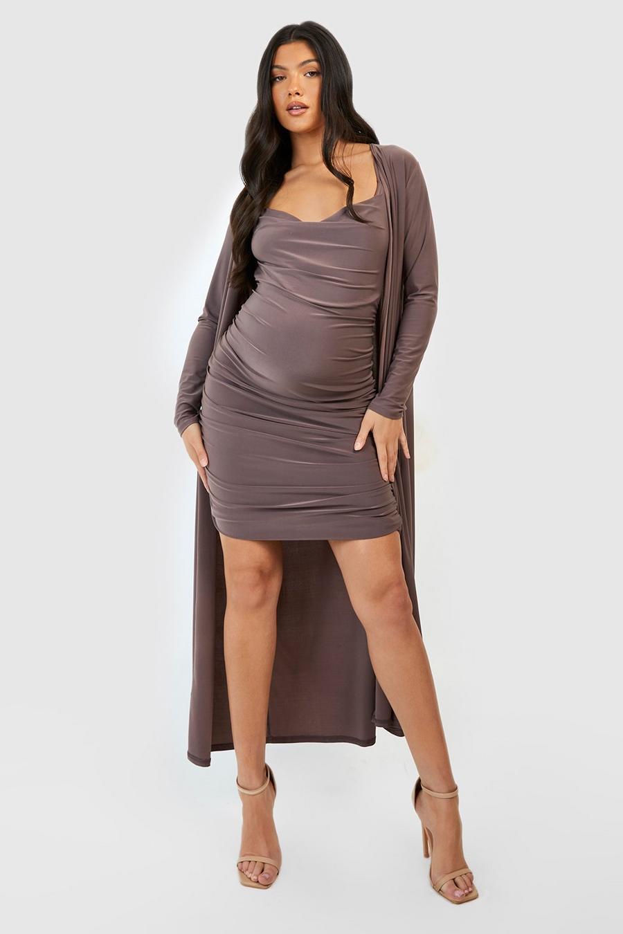 Mocha Maternity Strappy Cowl Neck Mini Dress And Duster Coat image number 1