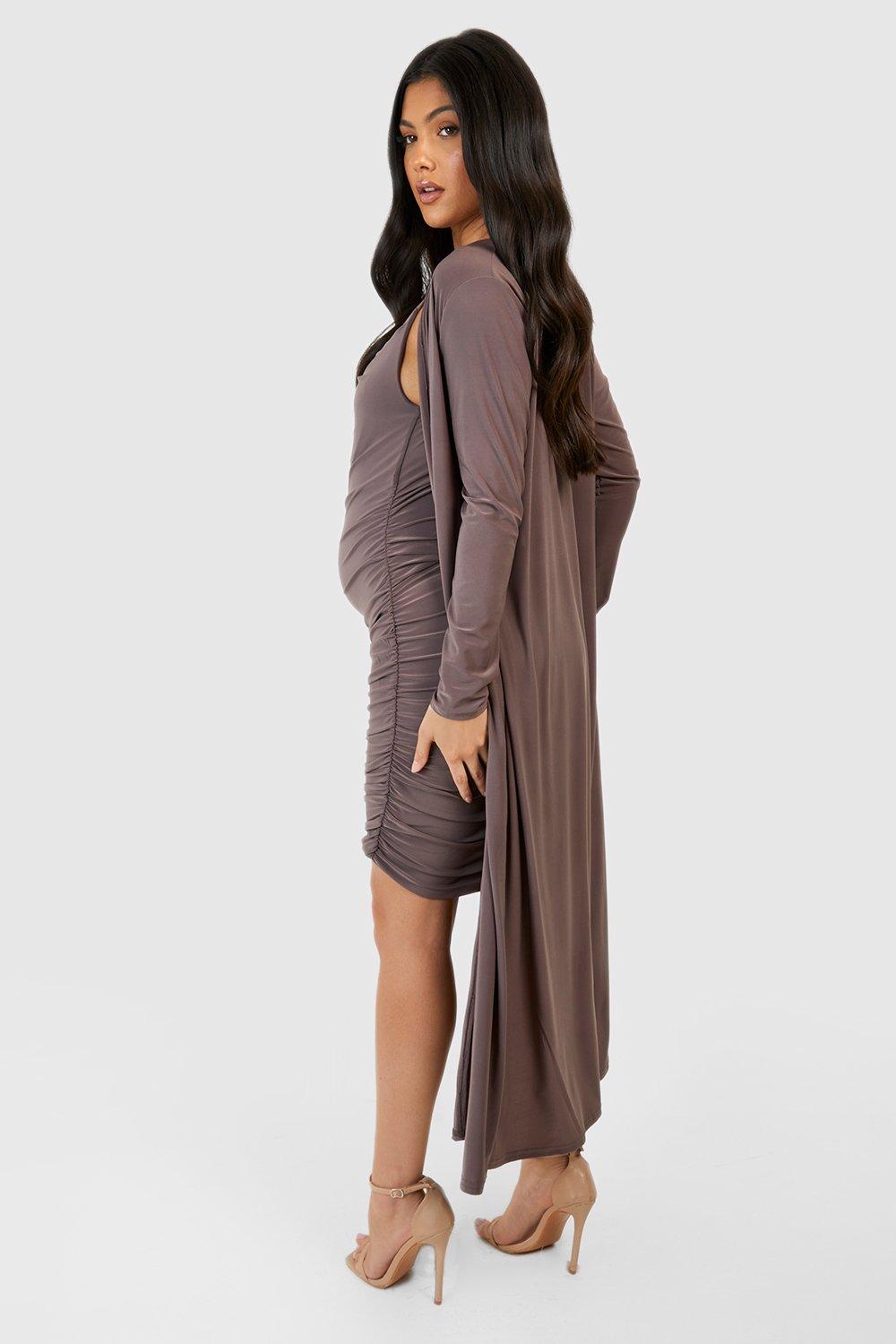 Boohoo Maternity Strappy Cowl Neck Dress And Duster Coat in Red