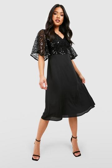 Petite Occasion Sequin Angel Sleeve Midi Dress black