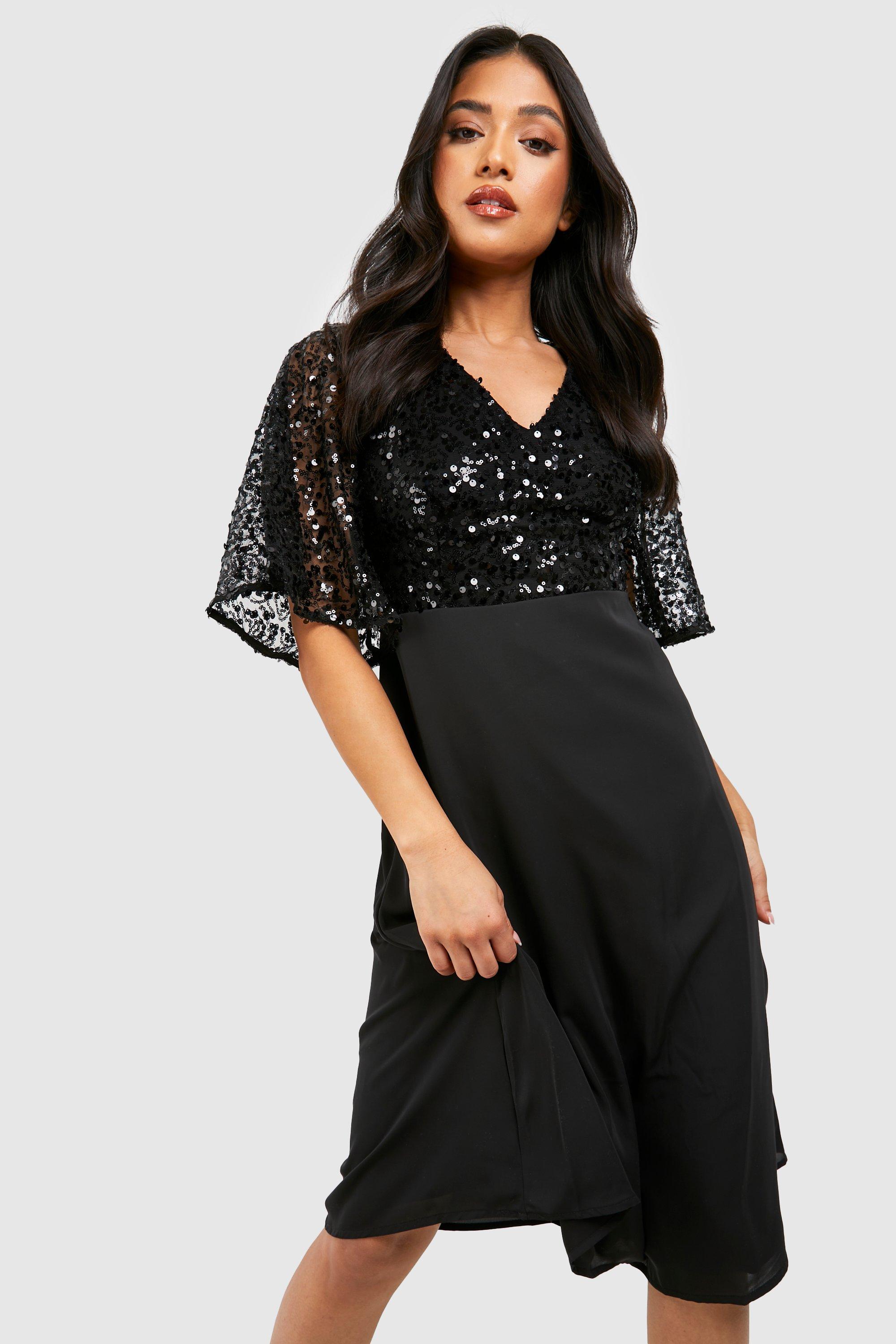 Petite V Neck Angel Sleeve Midi Dress