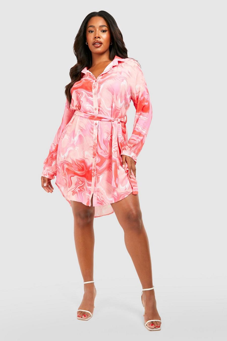 Pink Plus Marble Print Belted Shirt Dress image number 1