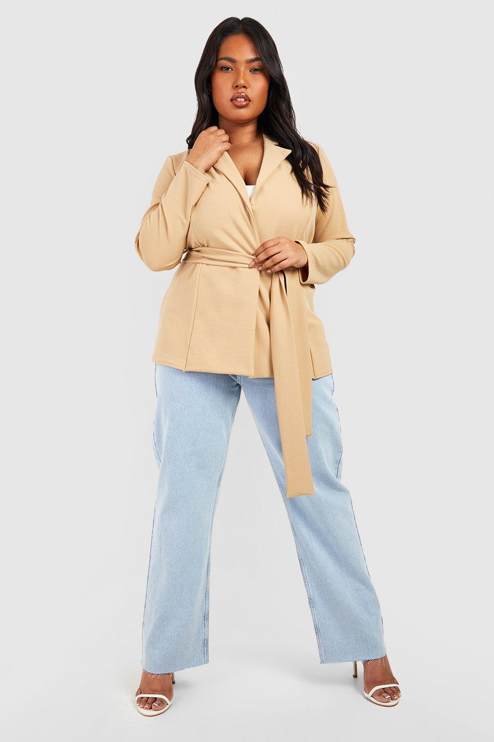 Plus Jersey Obi Tie Waist Fitted Blazer boohoo IE
