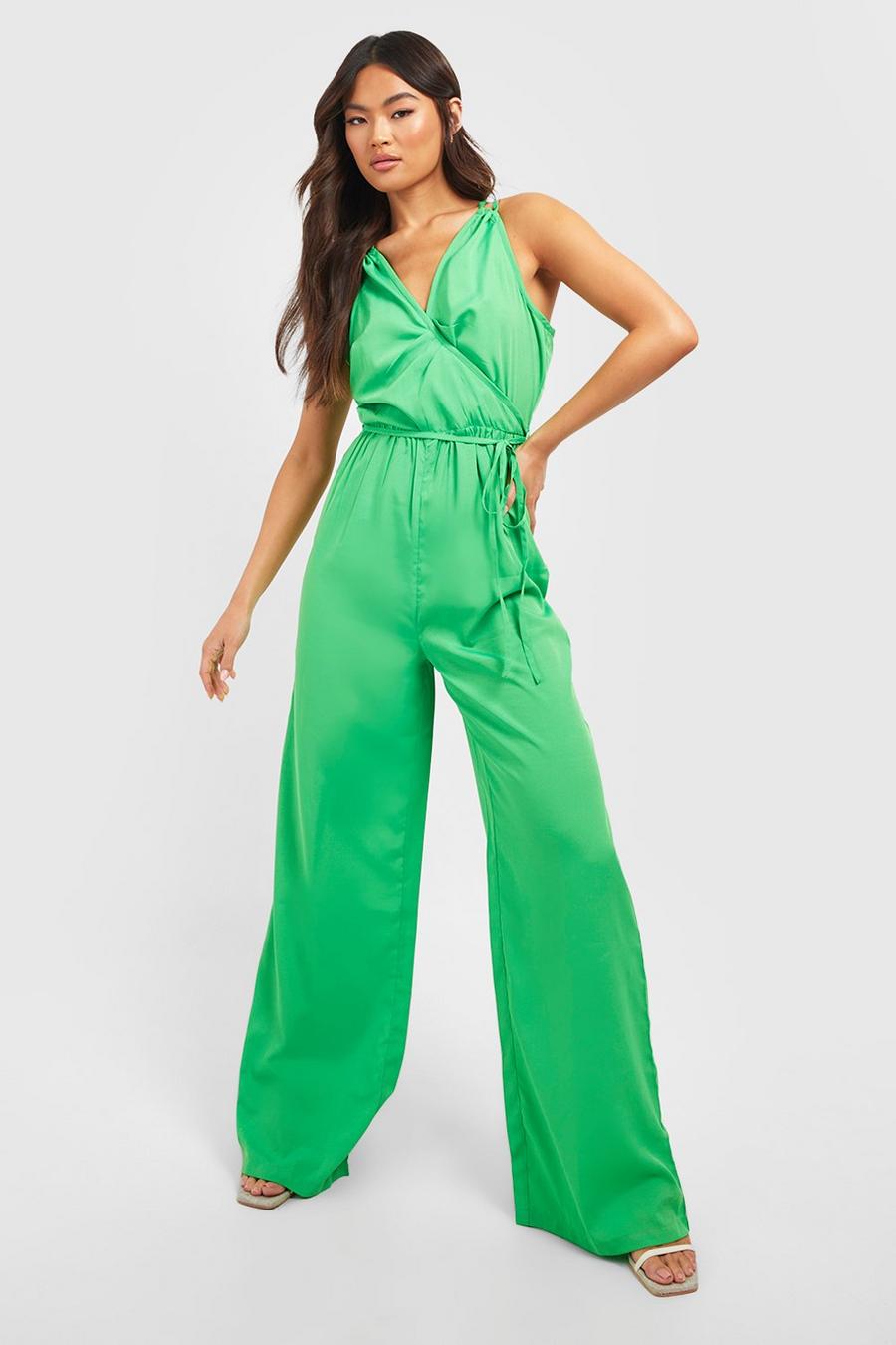 Green Geo Wrap Front Straight Leg Jumpsuit image number 1