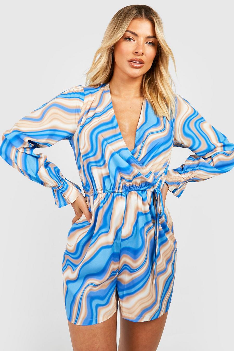 Blue Marble Wrap Front Long Sleeve Playsuit  image number 1