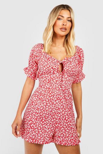 Floral Puff Sleeve Playsuit red