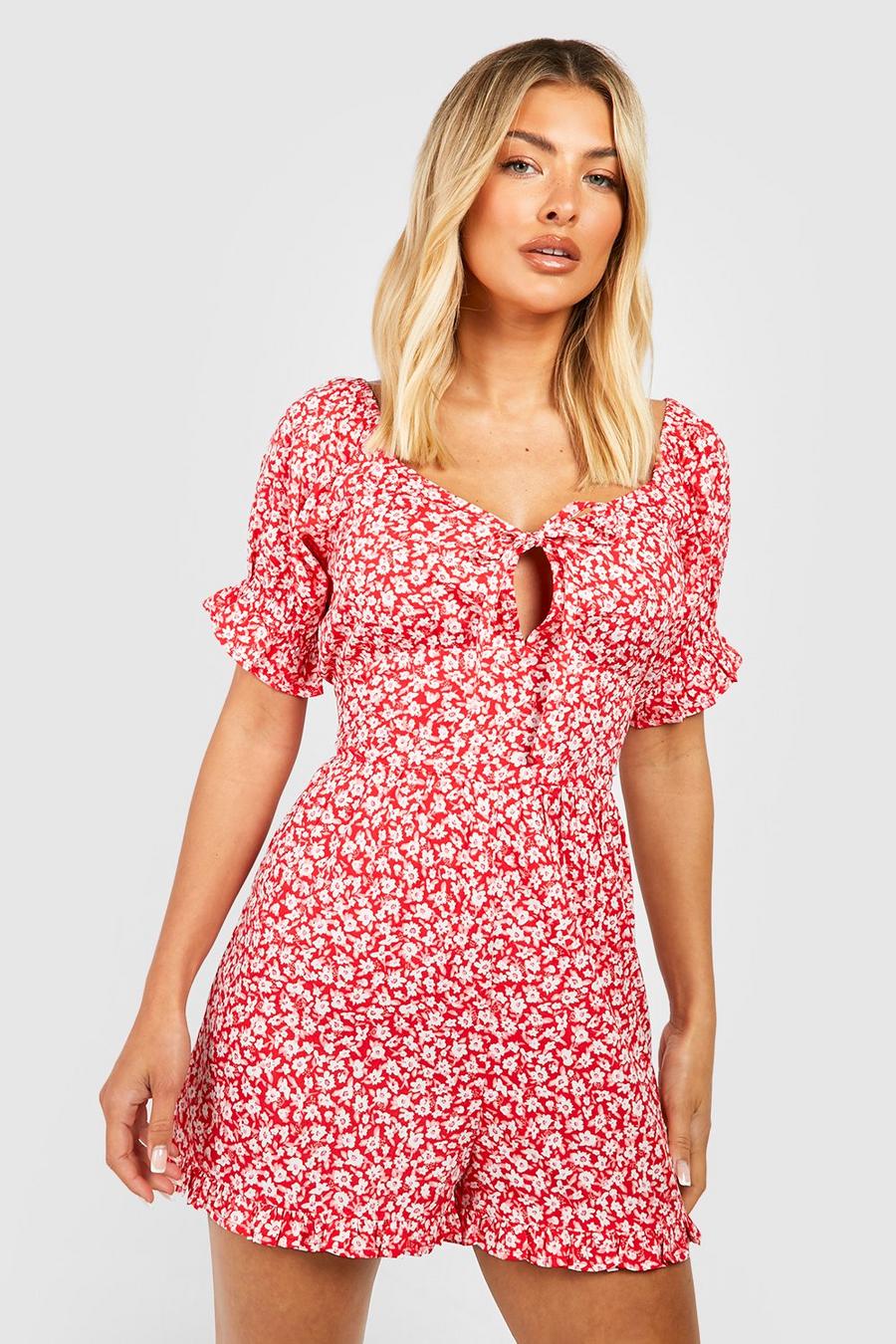Red Floral Puff Sleeve Romper image number 1