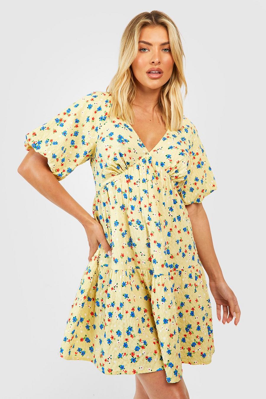 Yellow Floral Mini Smock Dress image number 1