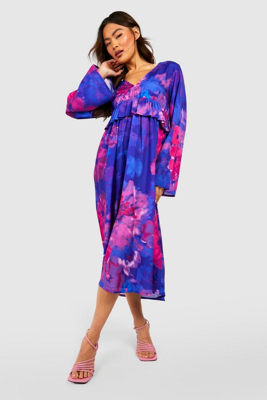 Purple Floral Ruffle Waist Chiffon Midi Dress image number 1