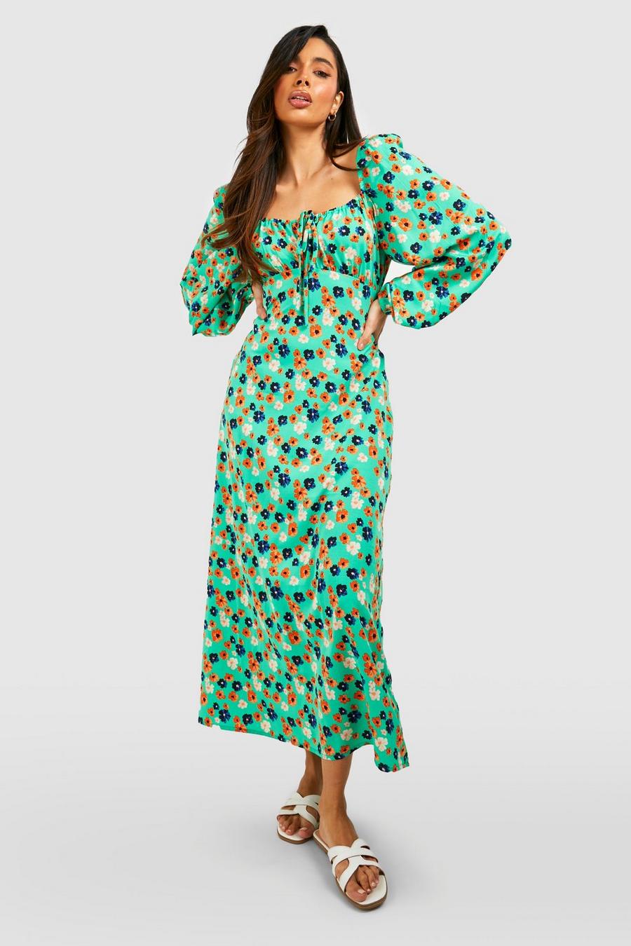 Green Floral Long Sleeve Midi Dress image number 1