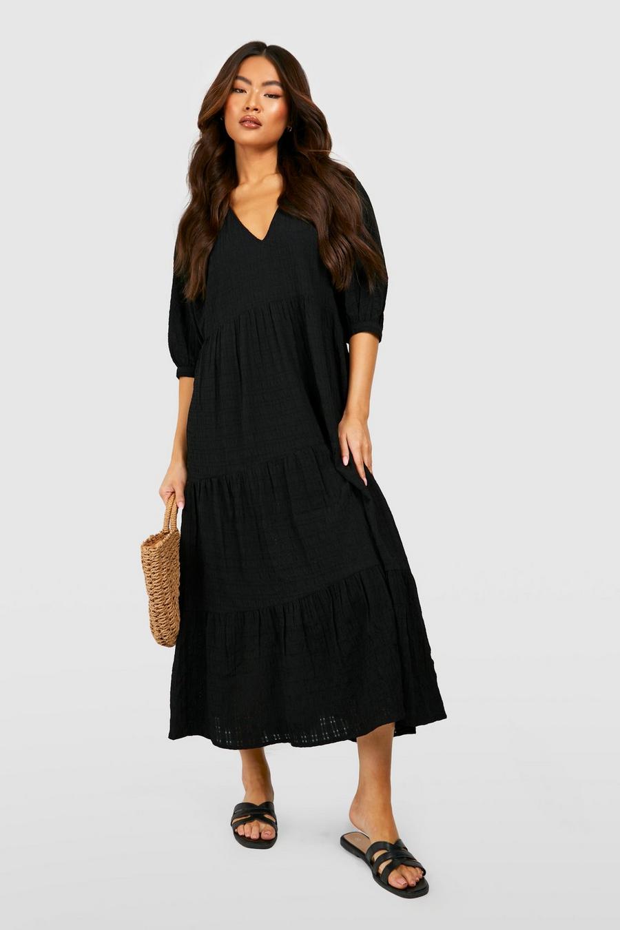 Black Textured Puff Sleeve Tiered Midi Dress