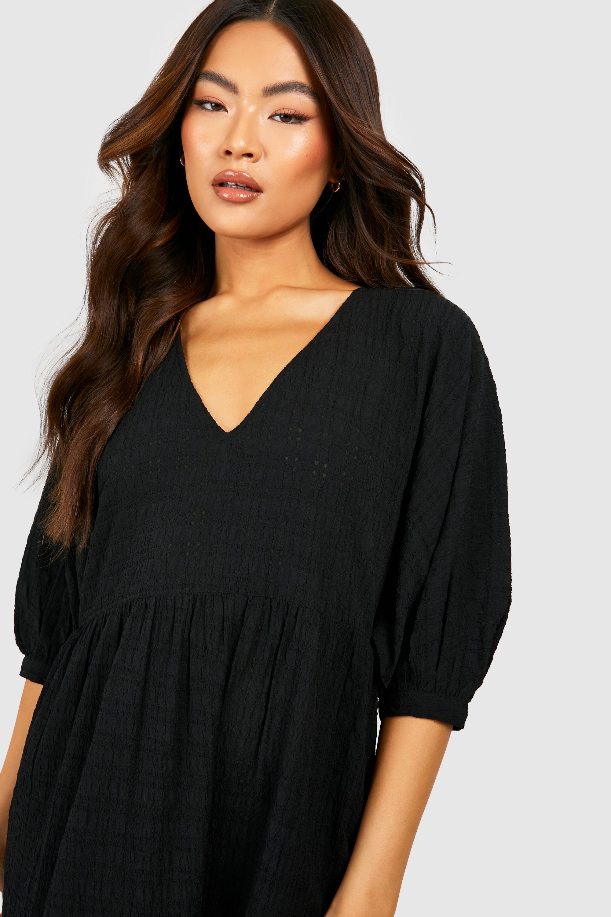 Boohoo Black V-Neck Three-Quarter Sleeve A-Line Midi Dress, Size