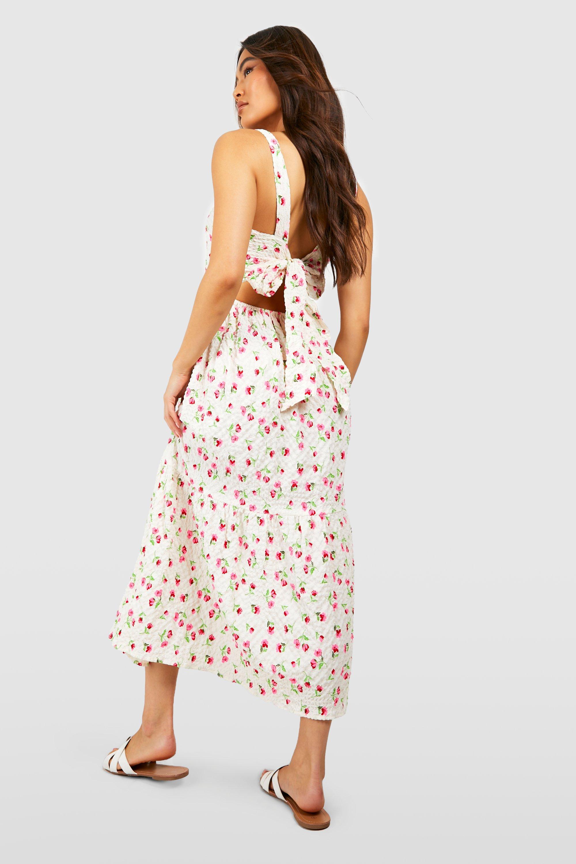 Textured Floral Strappy Midi Dress