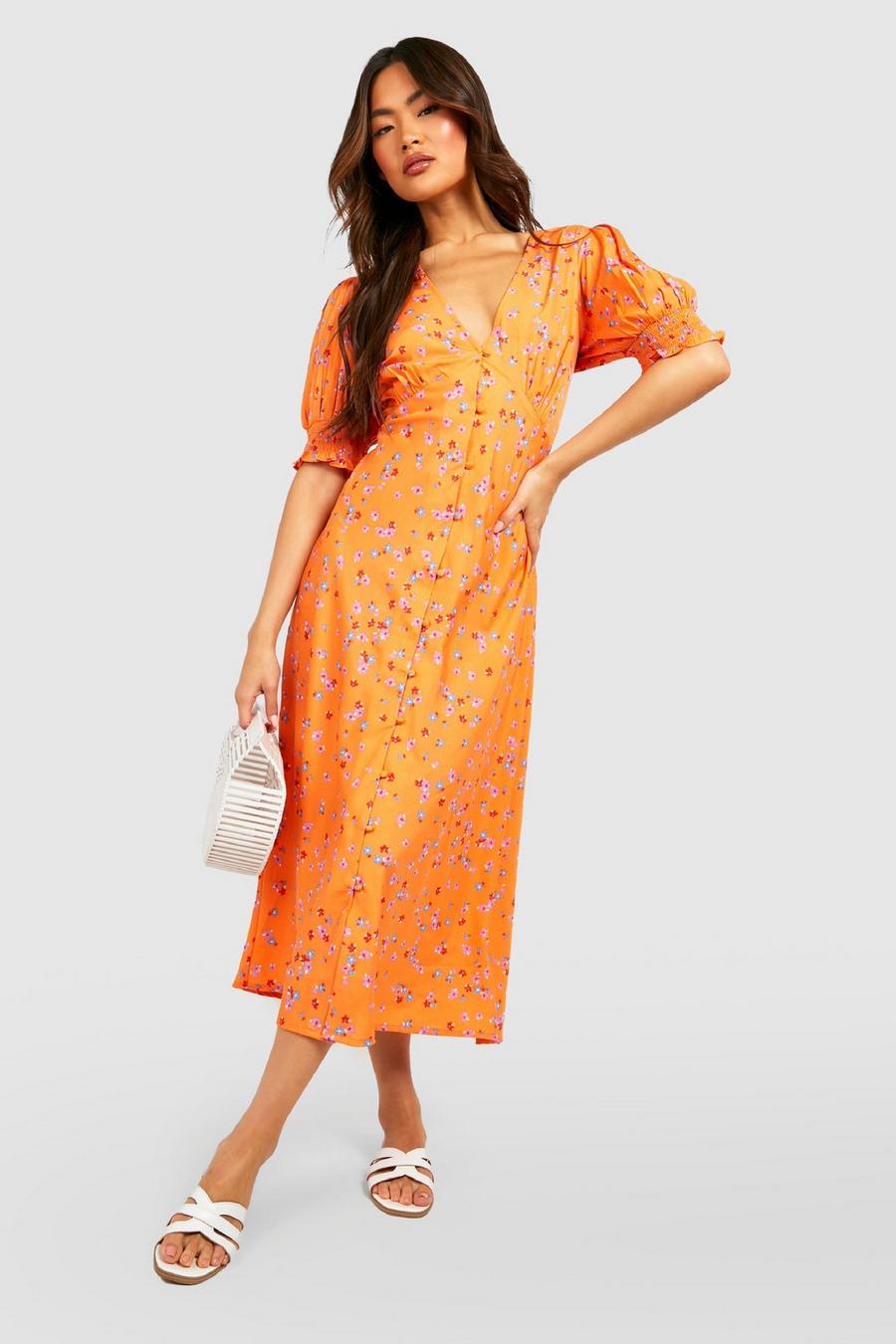 Orange Floral Button Detail Midi Dress