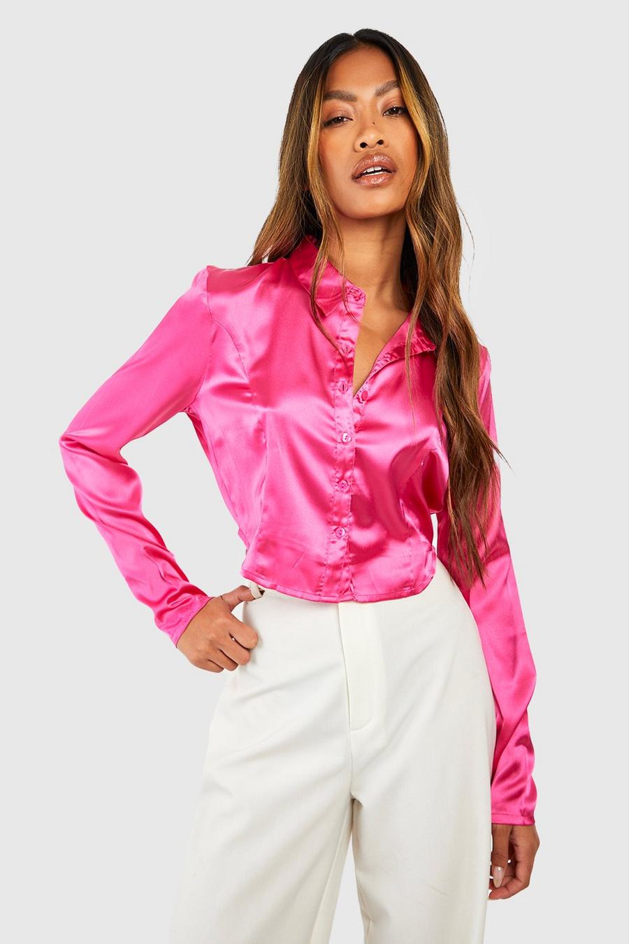 Bright pink Kort satinskjorta med dekorativa sömmar