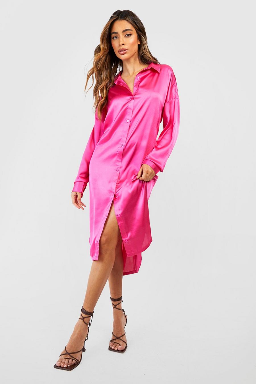 Camicia lunga in raso, Hot pink image number 1