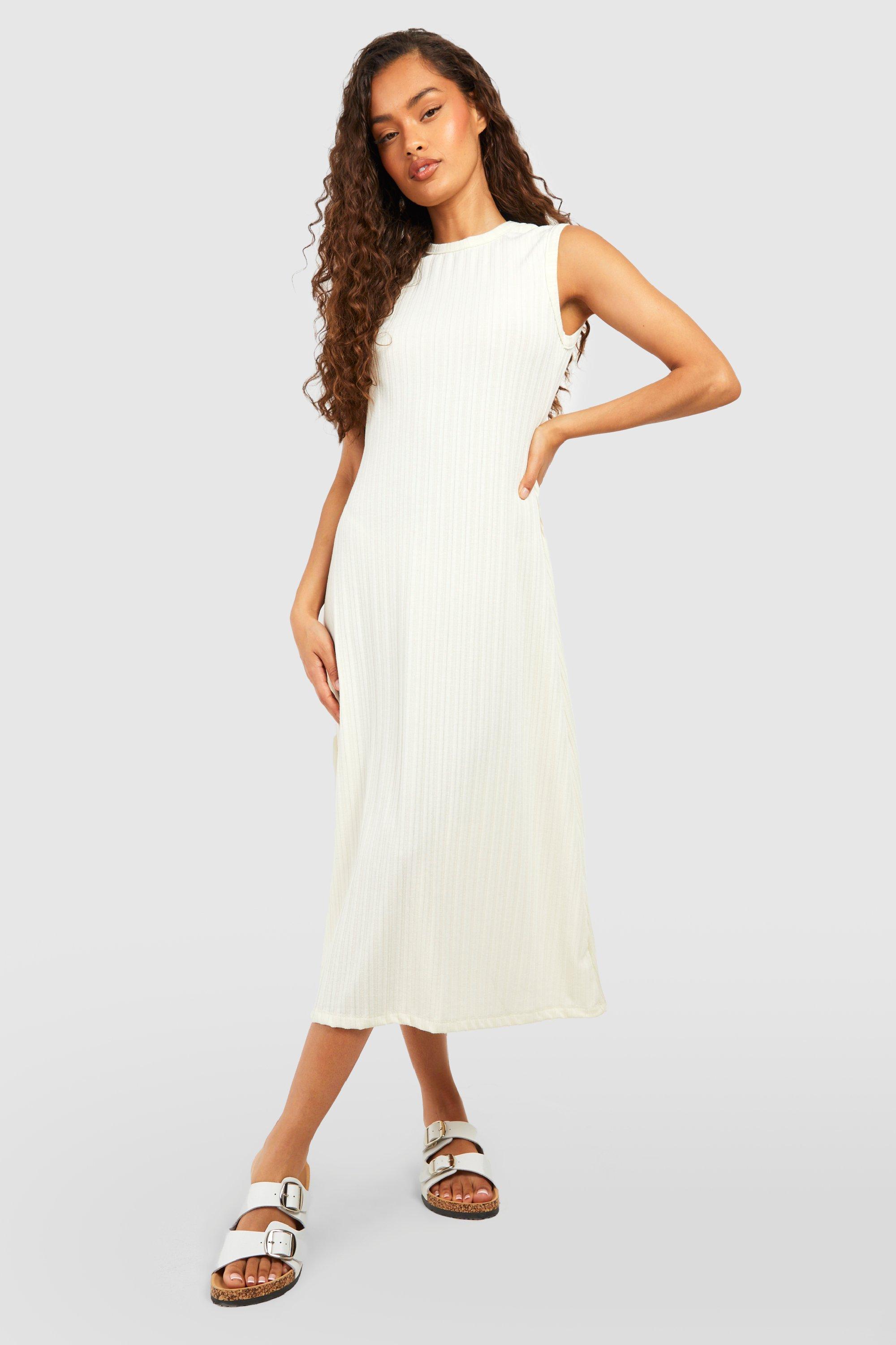 Cream ribbed midi clearance dress