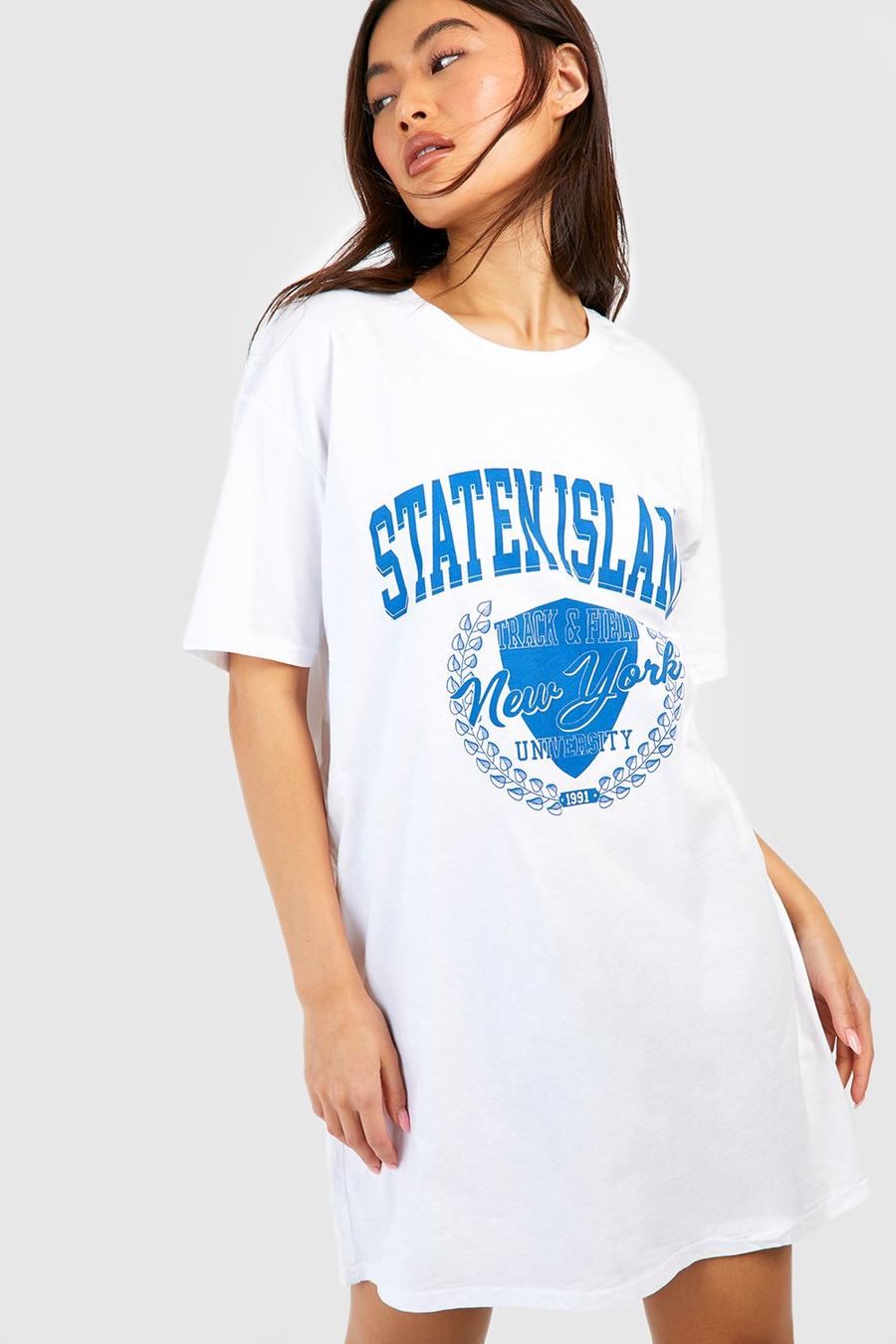 Vestido camiseta oversize con estampado de Staten Island, White image number 1