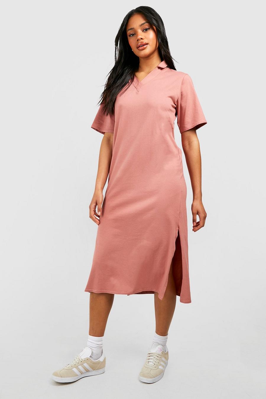 Dusty rose Cotton Polo Collar Midi T-shirt Dress image number 1