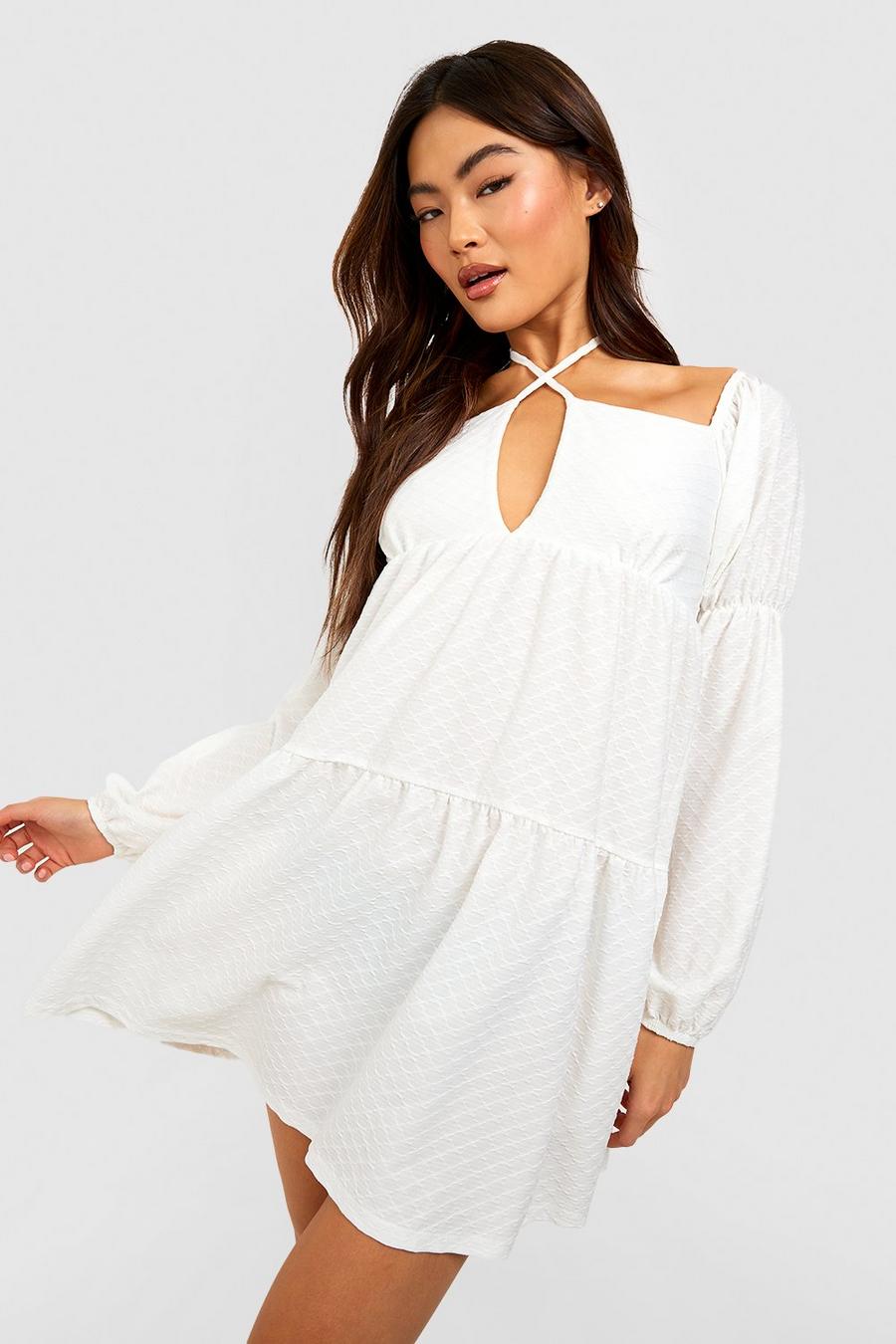 White Tie Neck Puff Sleeve Textured Smock Dress image number 1
