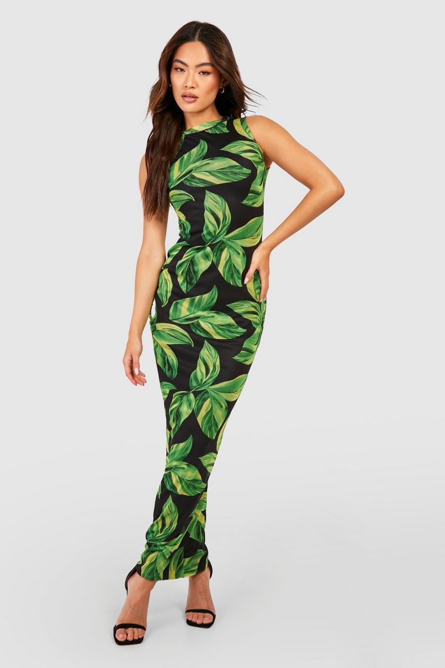 Green Palm Print Mesh Maxi Dress
