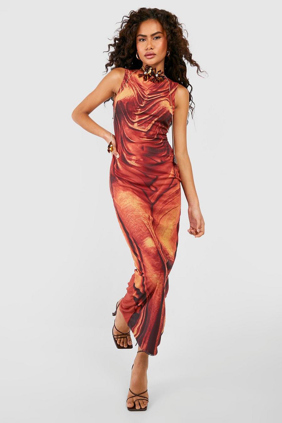 Orange Body Print Mesh Maxi Dress image number 1
