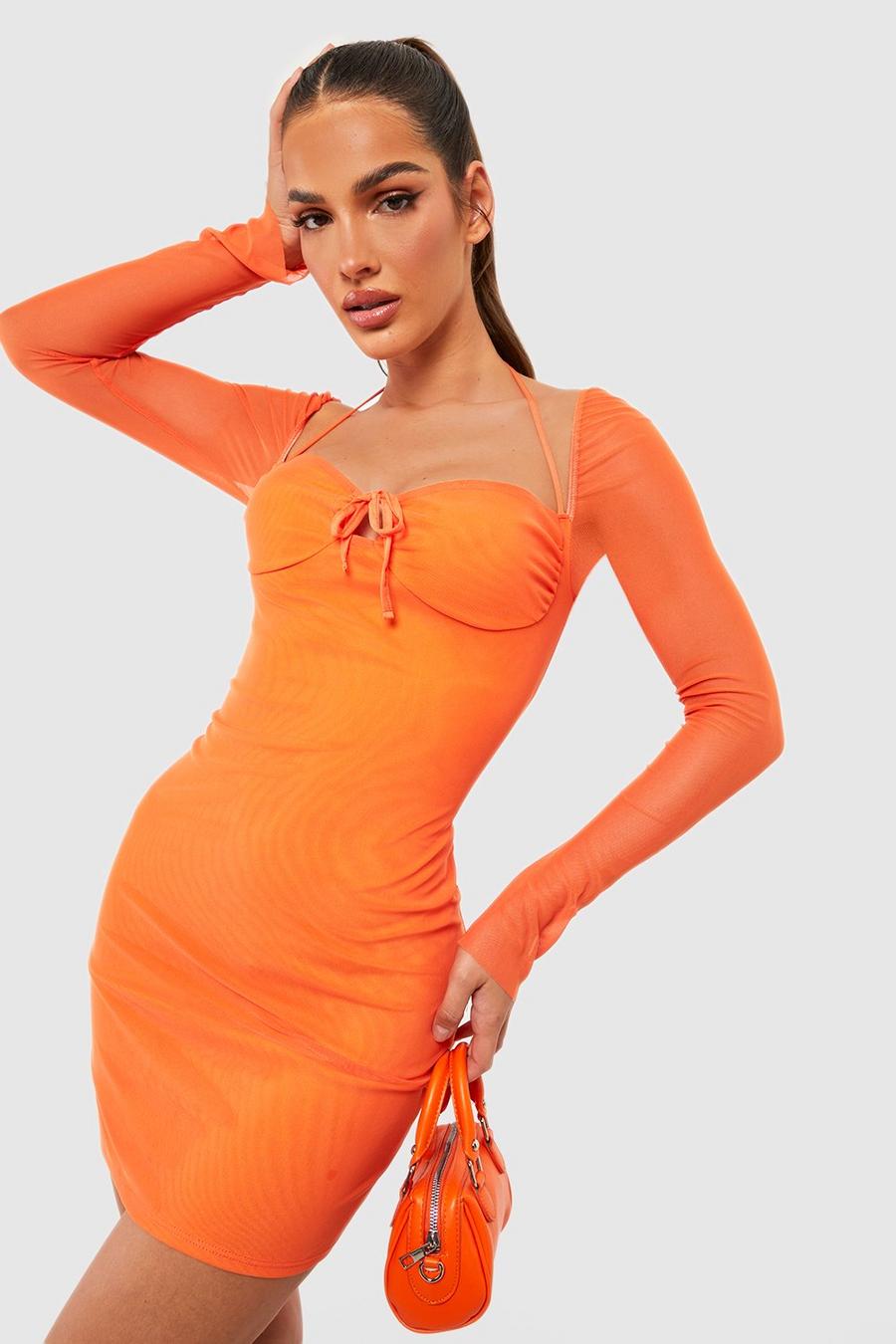 Orange Mesh Long Sleeve Bodycon Mini Dress image number 1