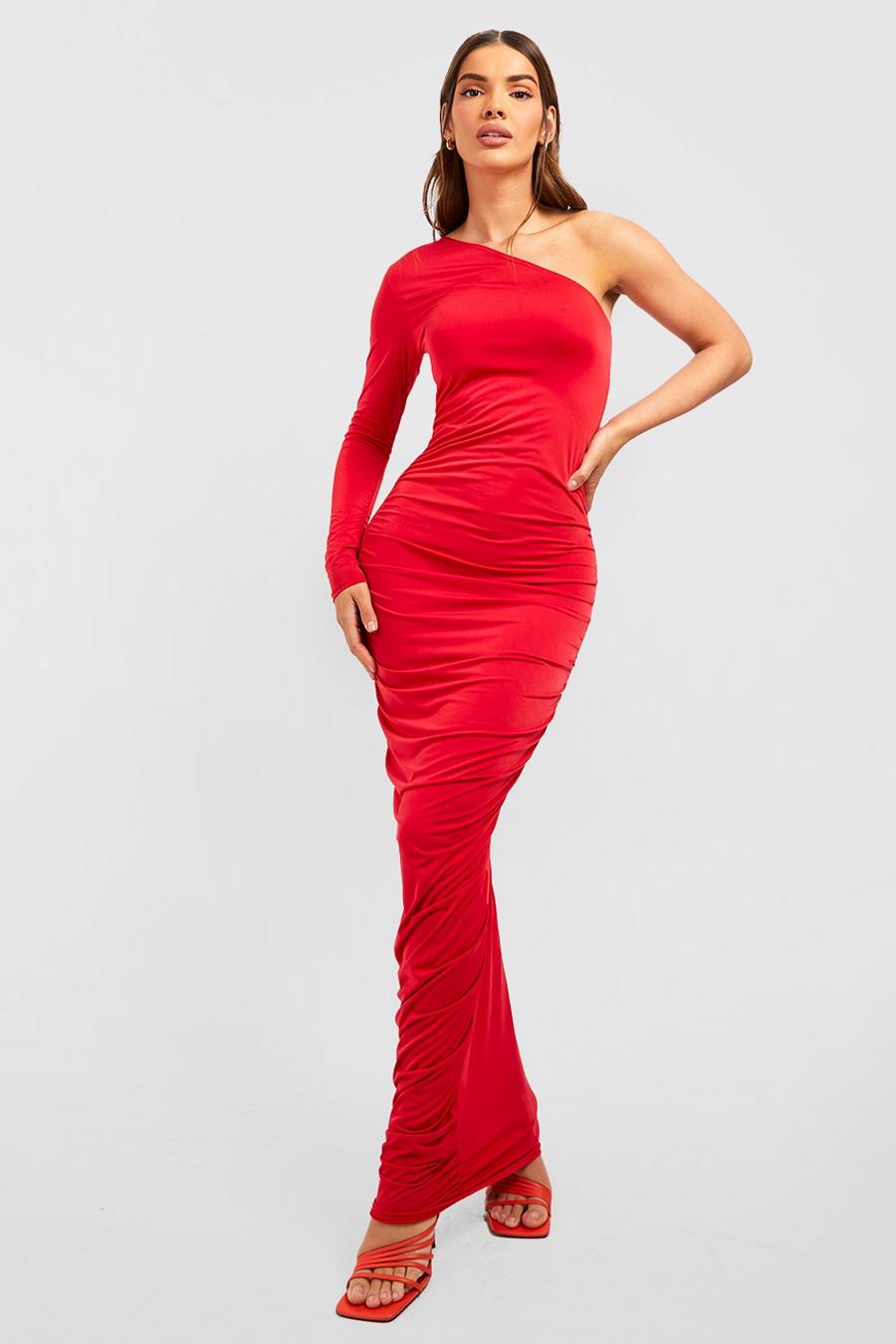 Red One Shoulder Slinky Ruched Maxi Dress
