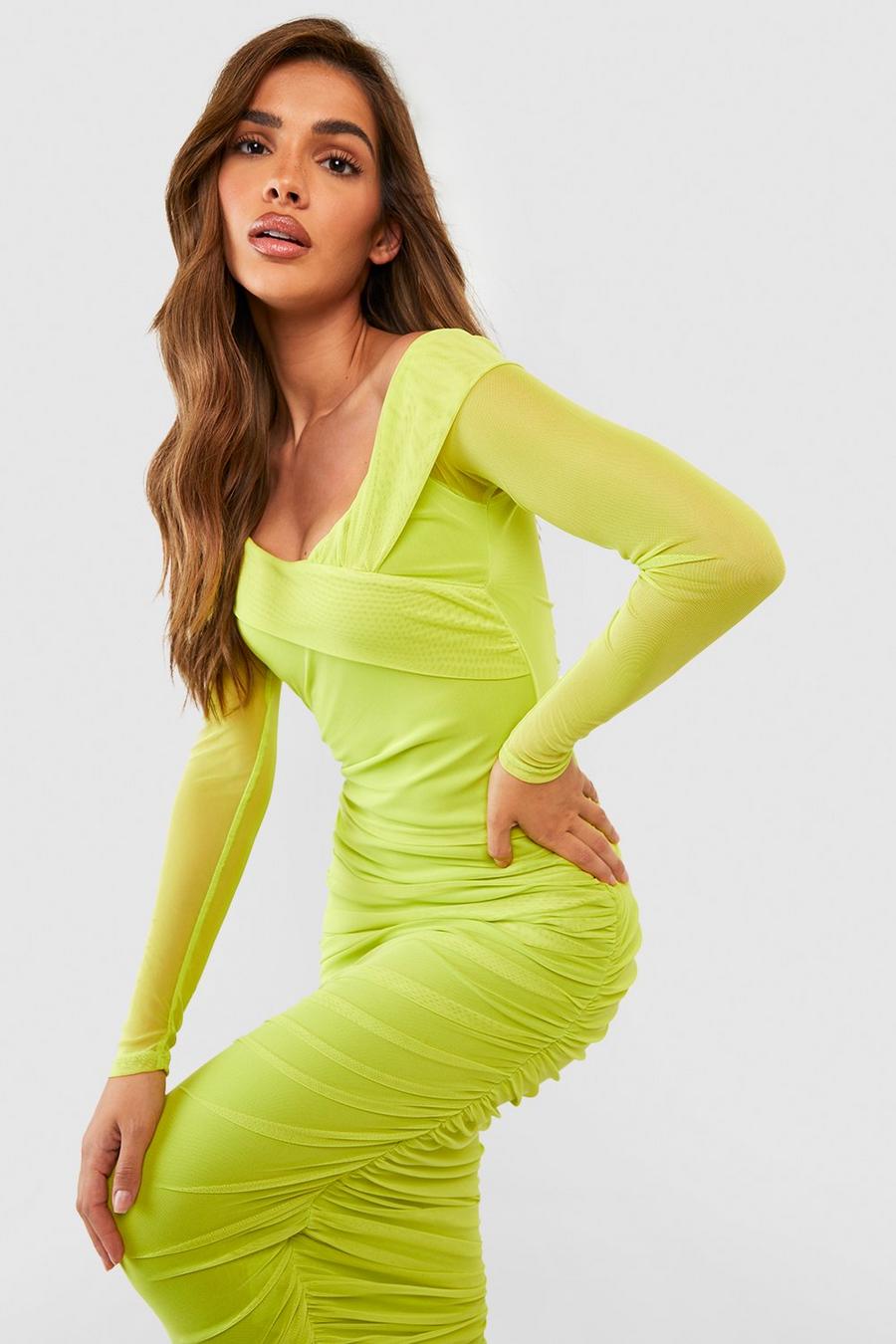 Chartreuse yellow Off Shoulder Ruched Mesh Bodycon Midi Dress