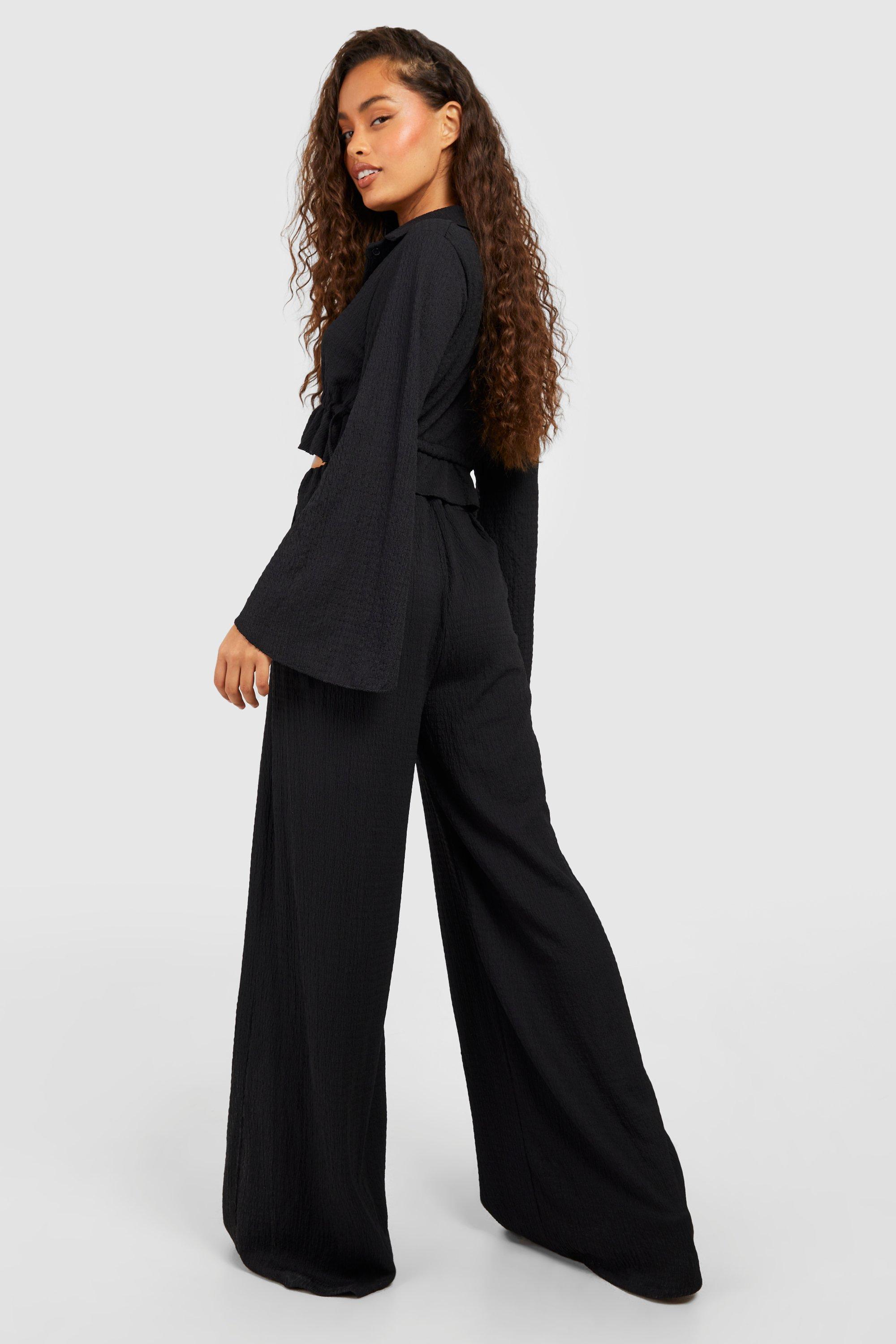 Tonal Crinkle Elasticated Waist Wide Leg Trousers