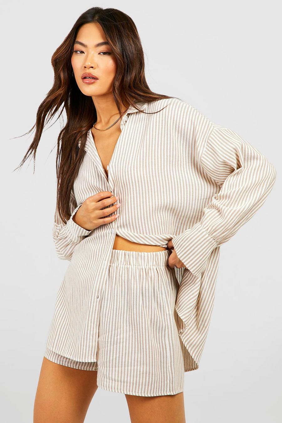 Taupe beige Oversized Striped Shirt & Short Set