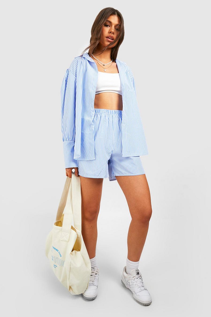 Light blue Poplin Stripe Balloon Sleeve Relaxed Fit Shirt & Shorts image number 1