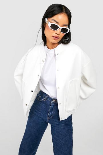 Cream White Wool Look Oversized Bomber Jacket