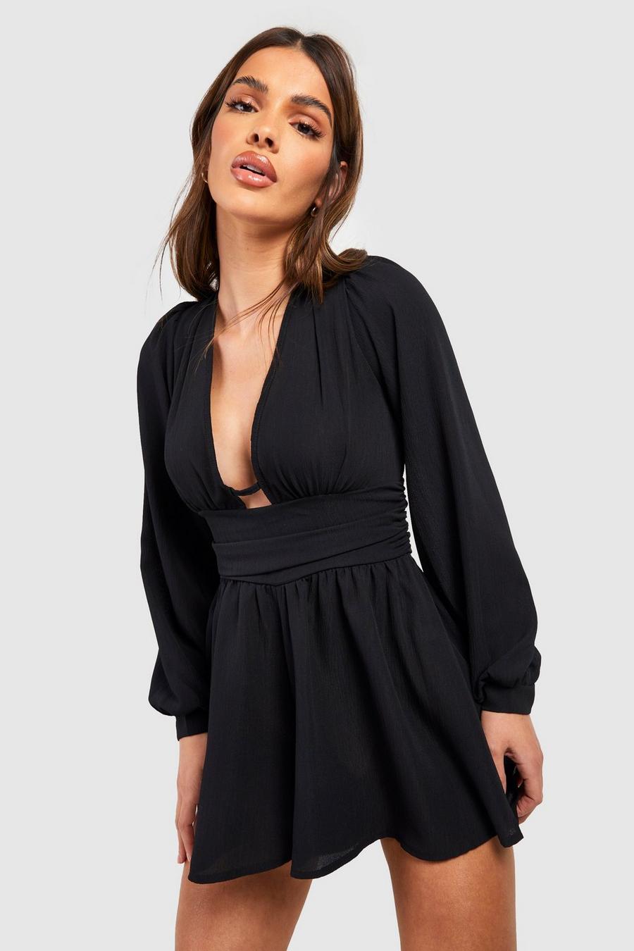 Black Textured Woven Plunge Playsuit