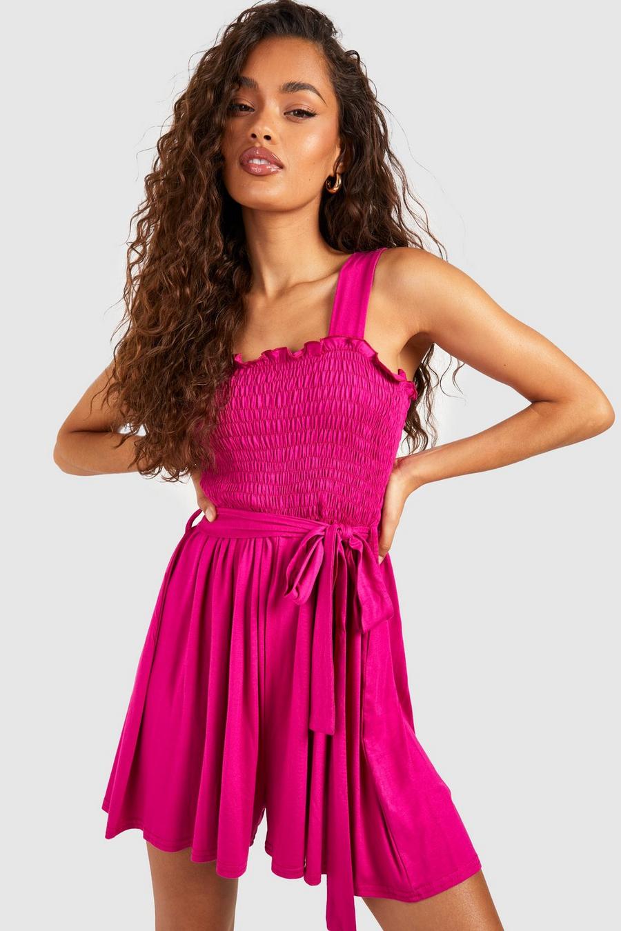 Hot pink Playsuit med smock och knytskärp image number 1