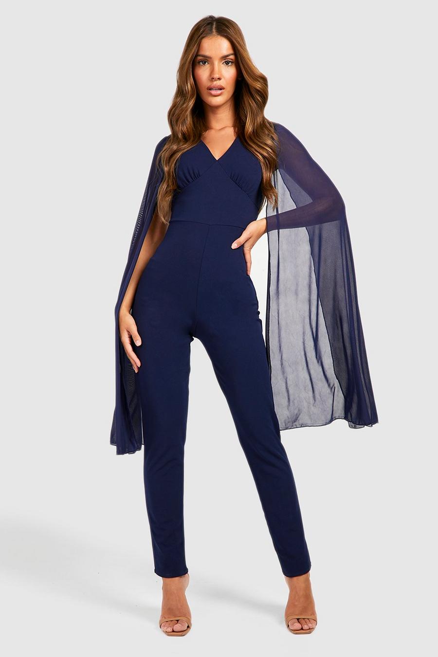 Navy Cape Detail Plunge Fitted Jumpsuit image number 1