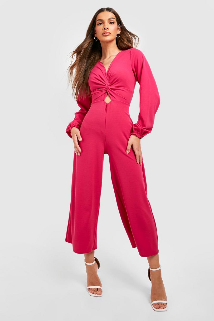 Hot pink Puff Sleeve Twist Detail Culotte Jumpsuit