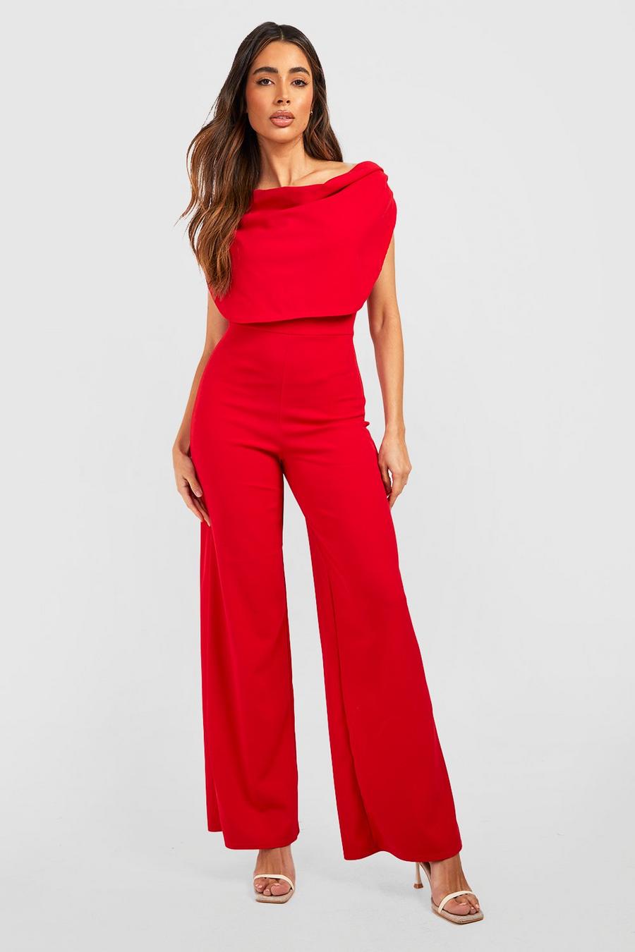 Red Cowl Draped Wide Leg Jumpsuit image number 1