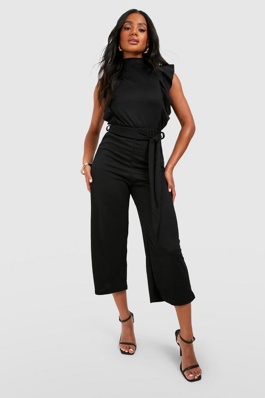 Black Jumpsuit i culottemodell med hög hals och volanger image number 1